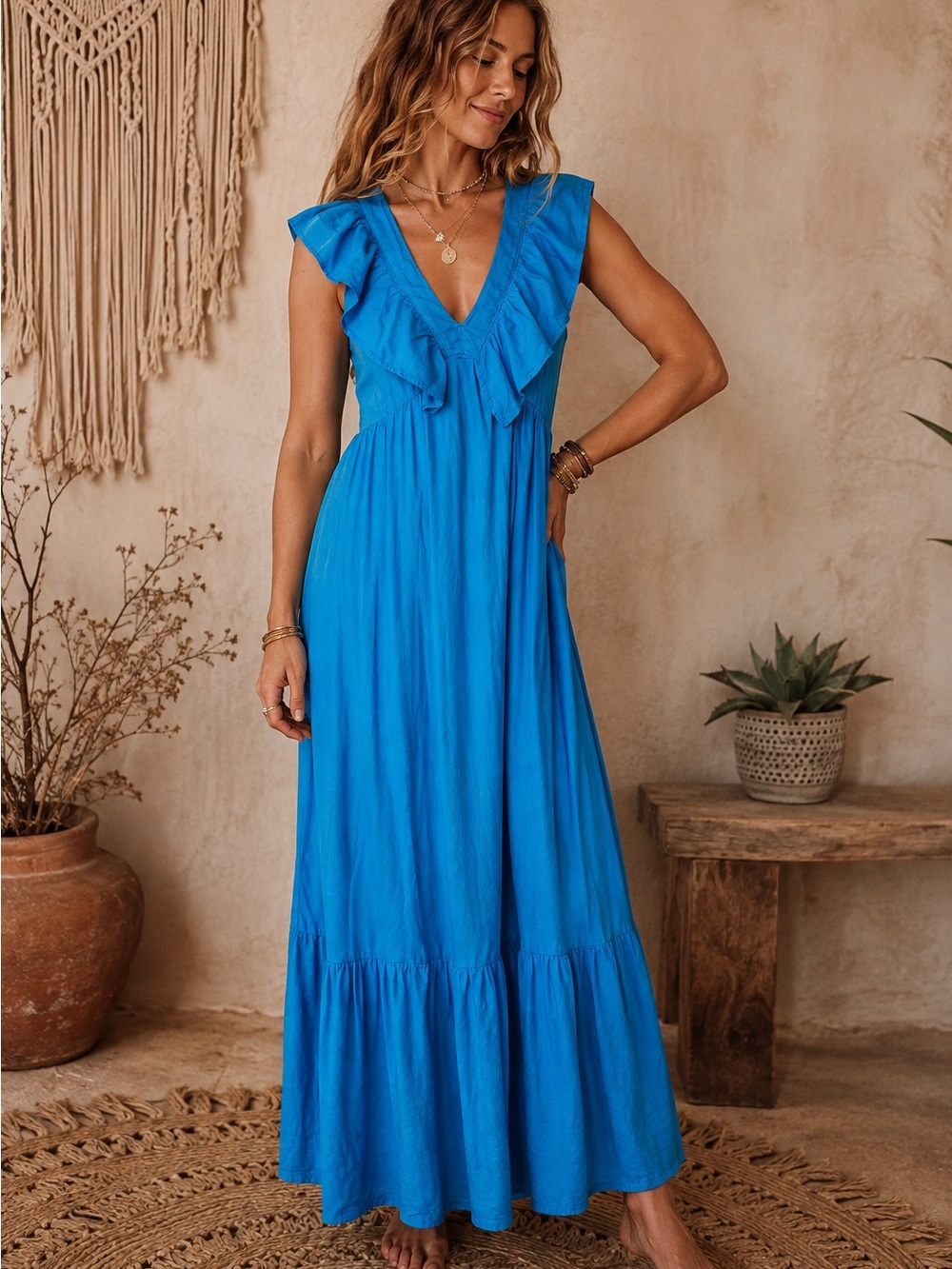 Starkx Blue Ruffled V-Neck Maxi Dress | Size Small| 100% Cotton